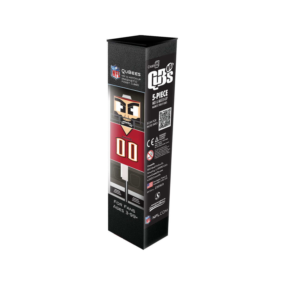 Black packaging box with NFL logo and product details on a white background