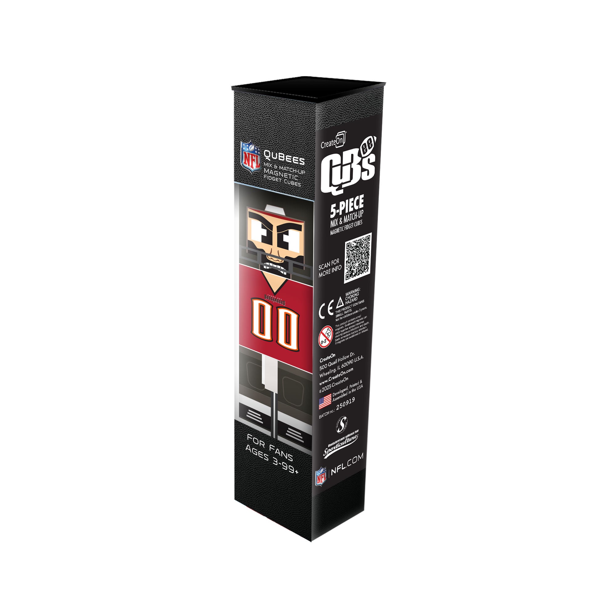 Black packaging box with NFL logo and product details on a white background