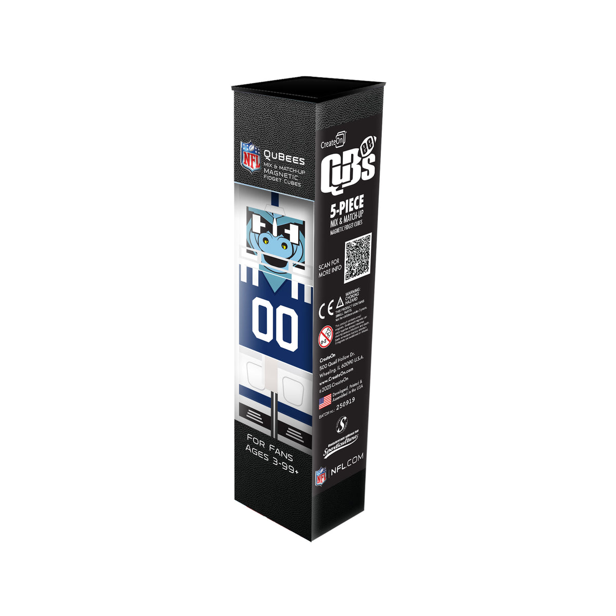 Black packaging box with NFL logo and product details on a white background