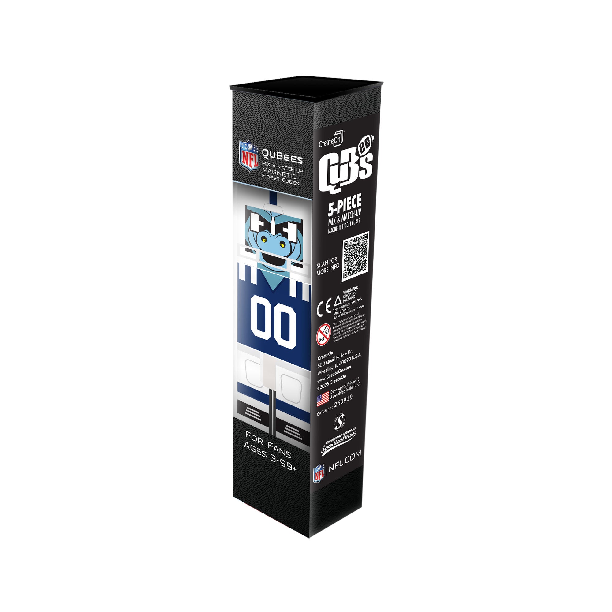 Black packaging box with NFL logo and product details on a white background