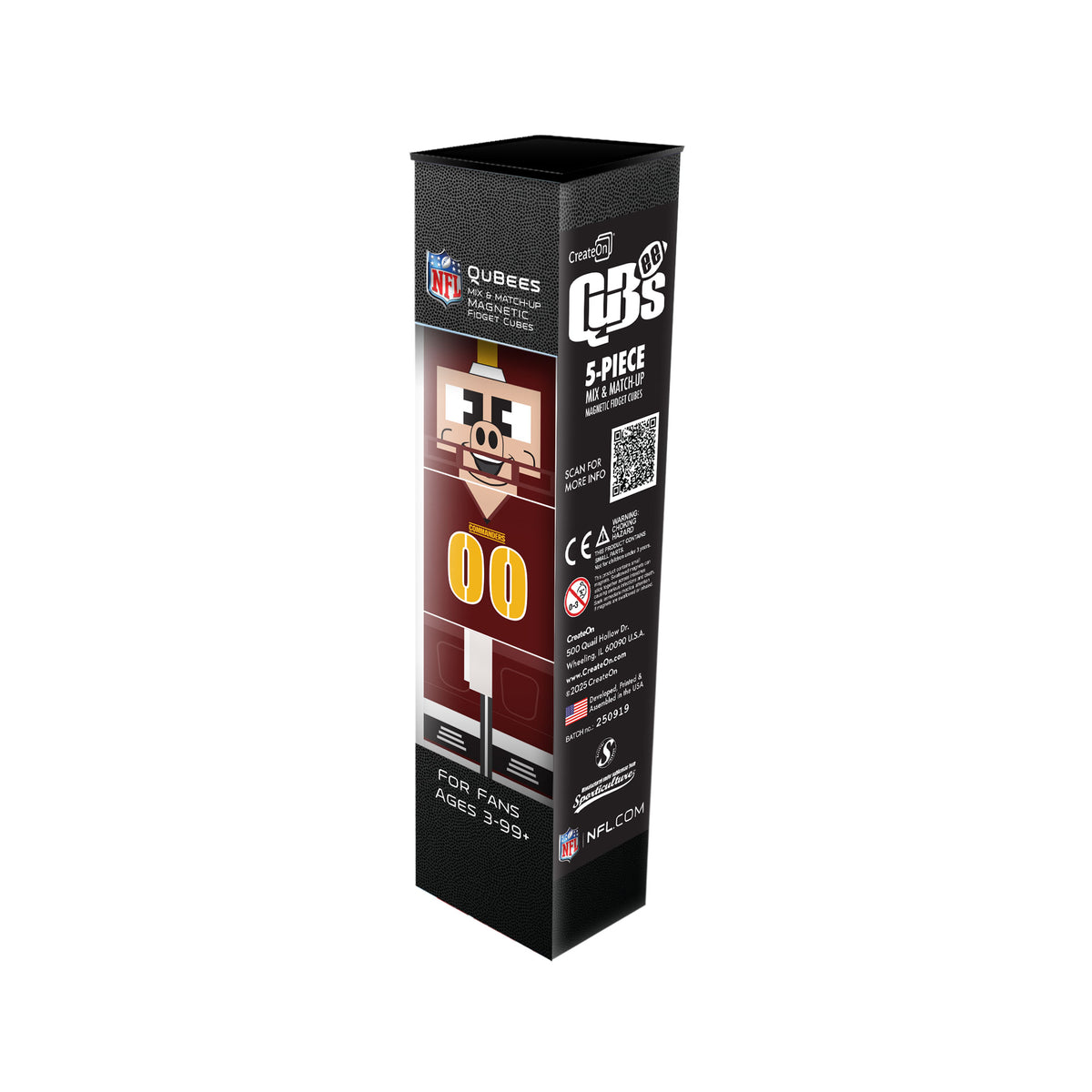 Black packaging box for NFL Qubees figures on a white background