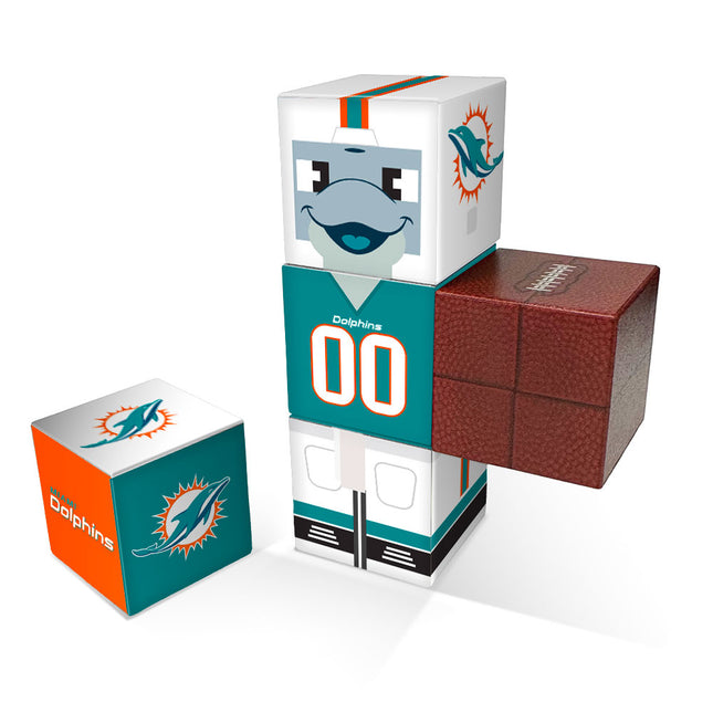 Stack of sports-themed building blocks with Miami Dolphins logo on a white background