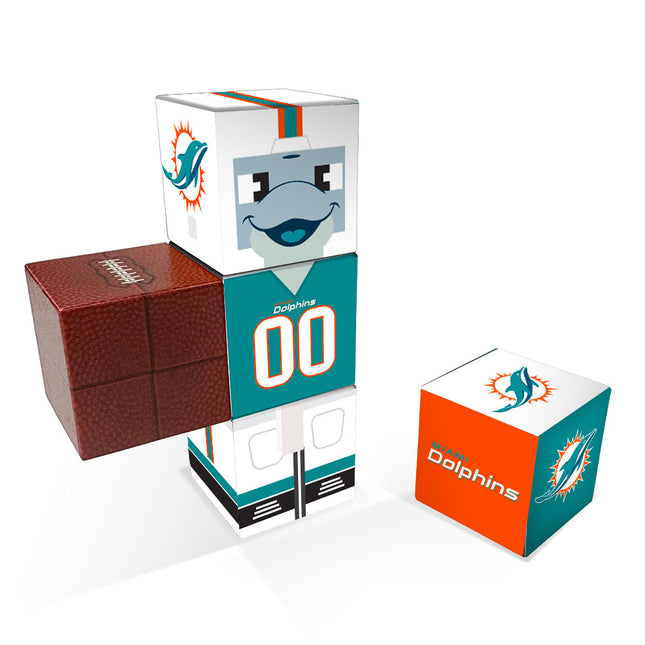 Set of sports-themed dice cubes with Miami Dolphins branding on a white background