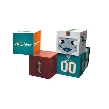 Miami Dolphins-themed toy set with a football and character box on a white background