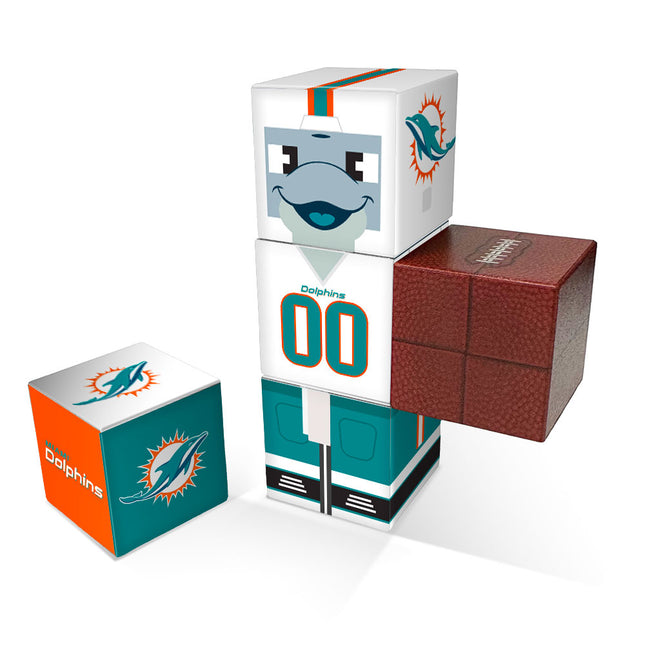 Stack of themed dice cubes with Miami Dolphins logo on a white background