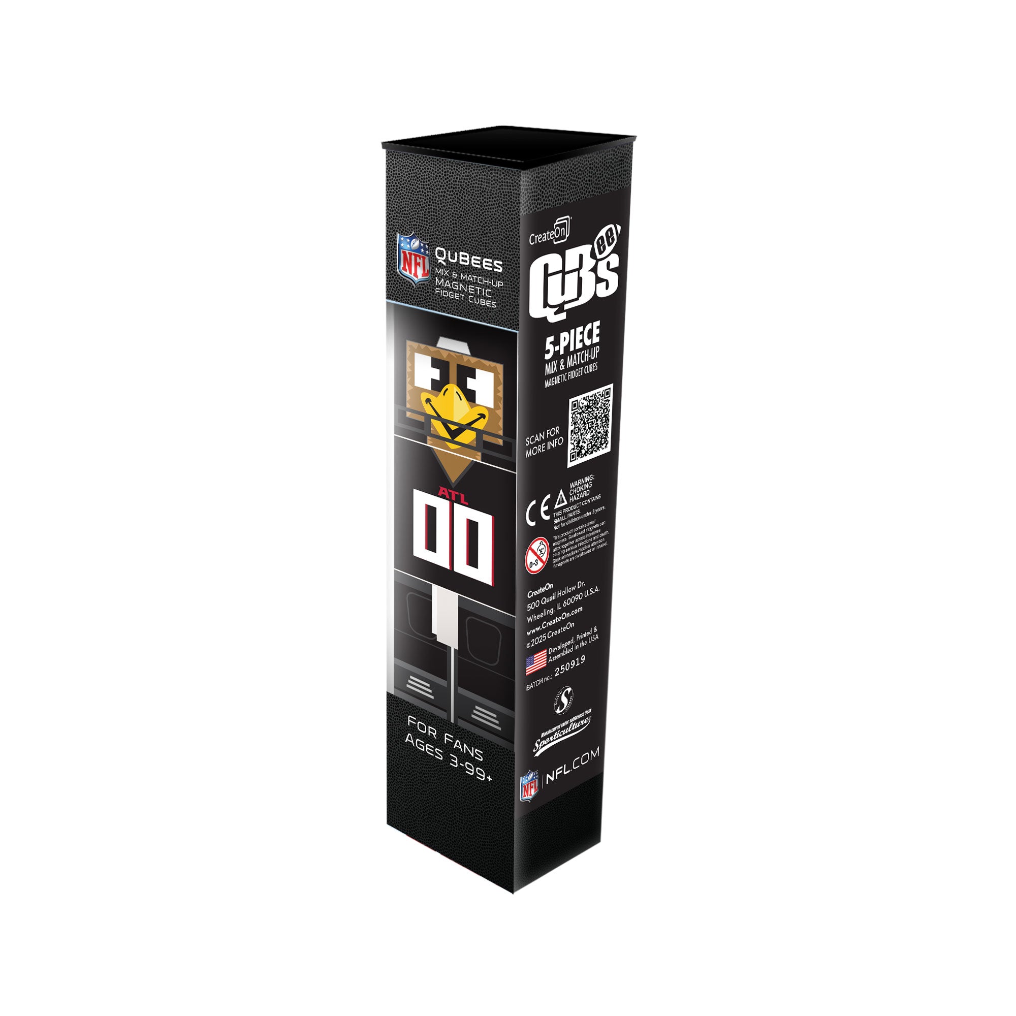 Black packaging box with NFL branding and product details on a white background