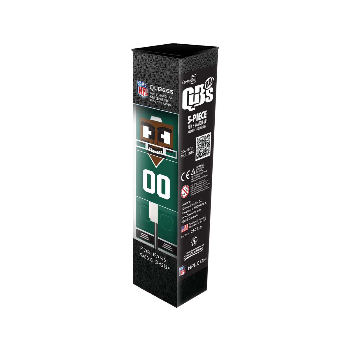 Box packaging for NFL Qubees New York Jets set on a white background
