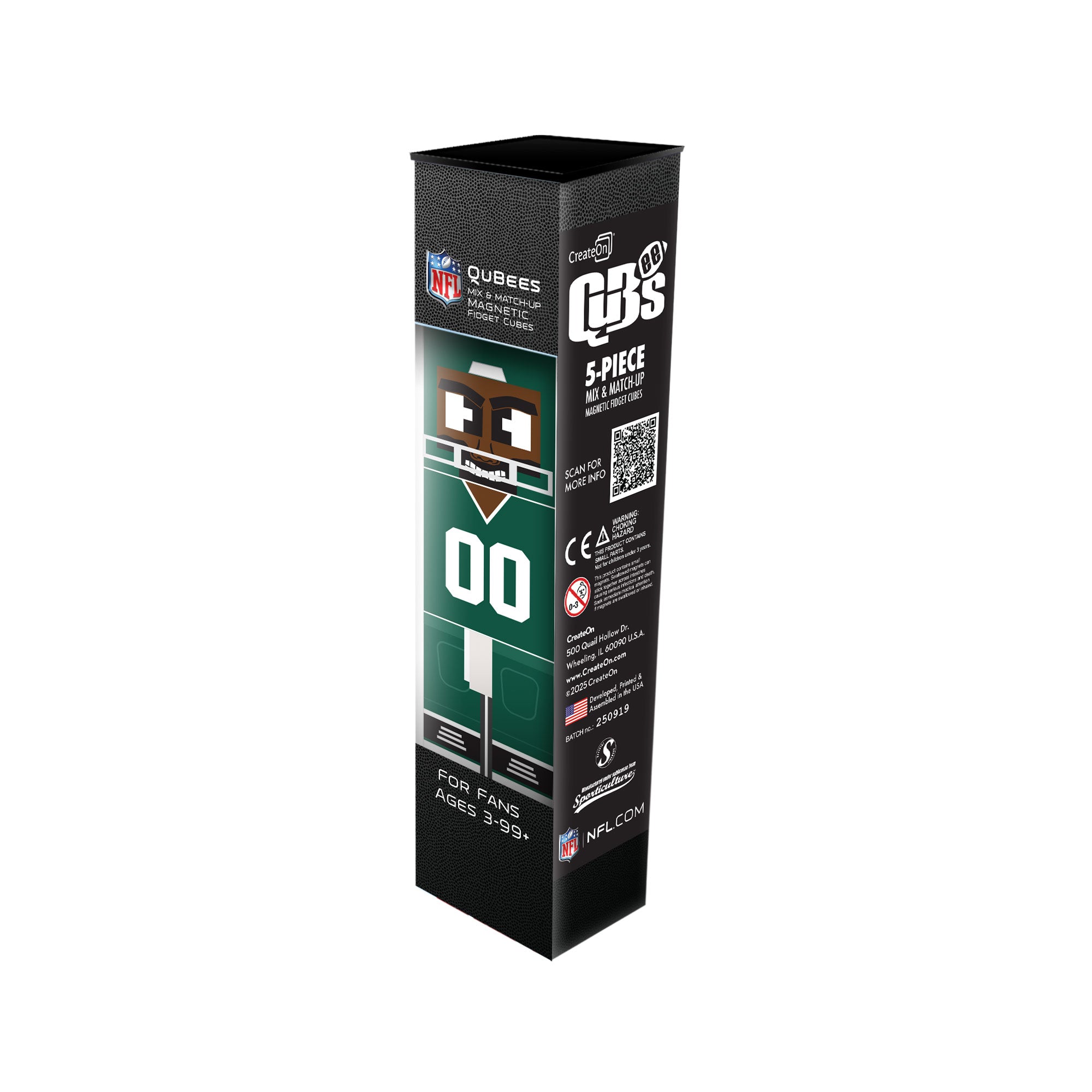 Box packaging for NFL Qubees New York Jets set on a white background