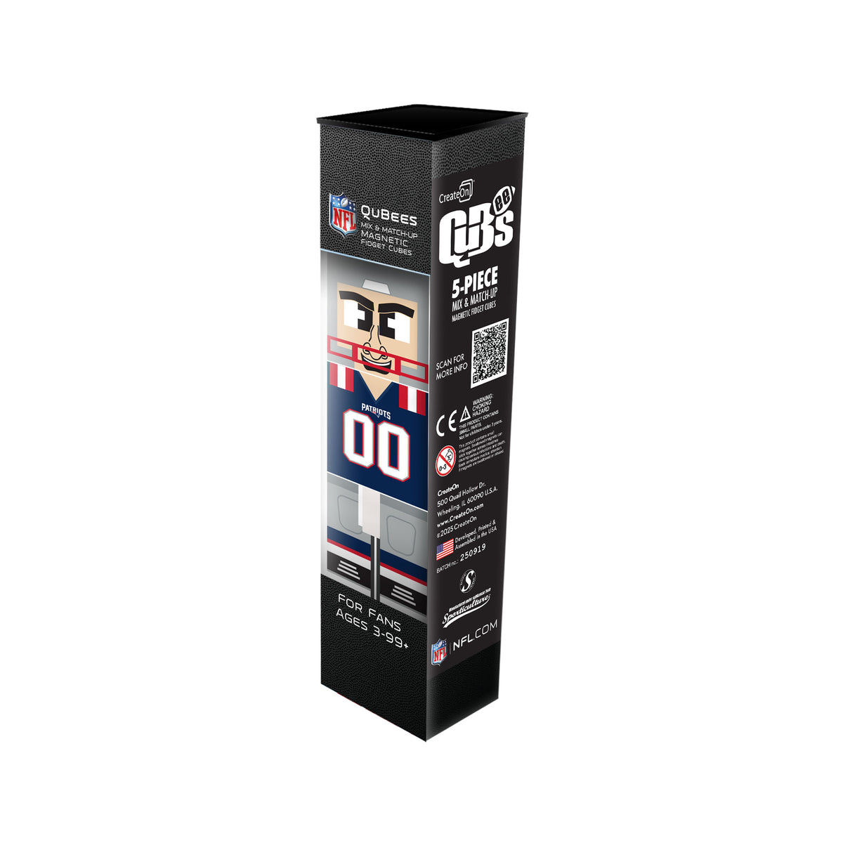 Black packaging box for NFL Qubees toy set on a white background