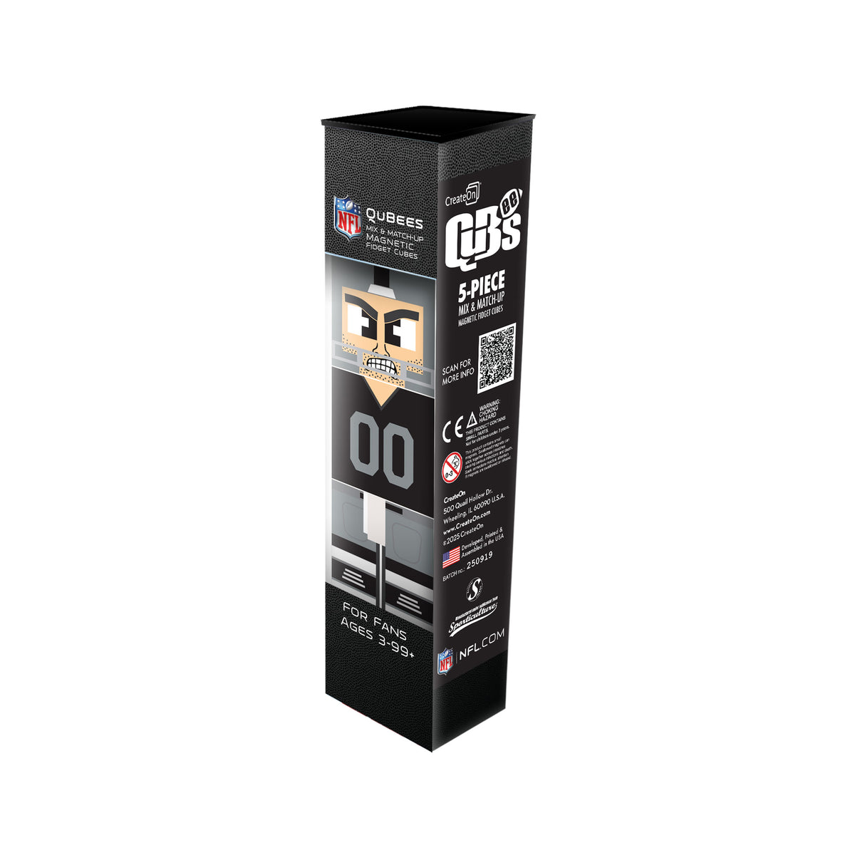 Black packaging box for Qubees with branding and product details on a white background
