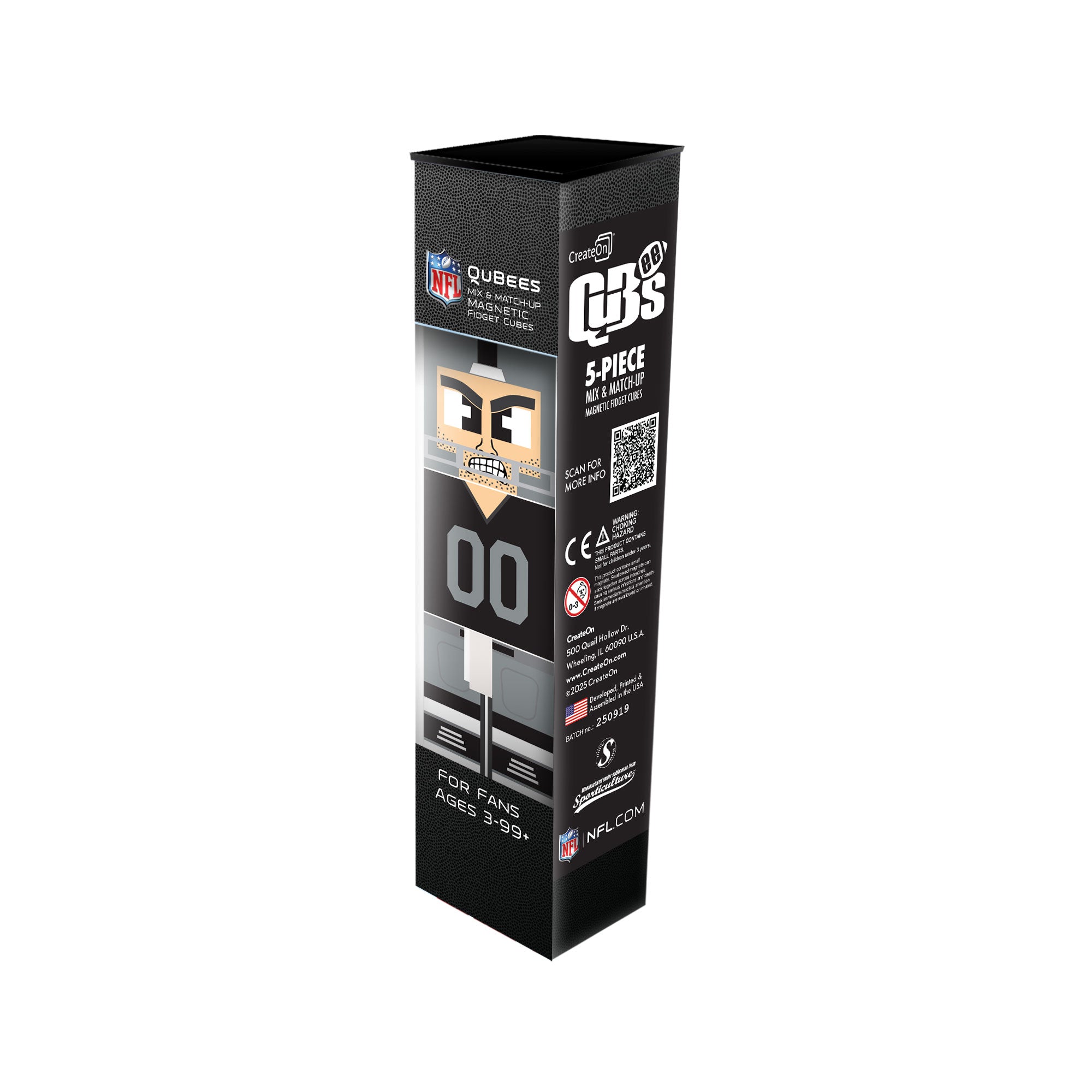 Black packaging box for Qubees with branding and product details on a white background