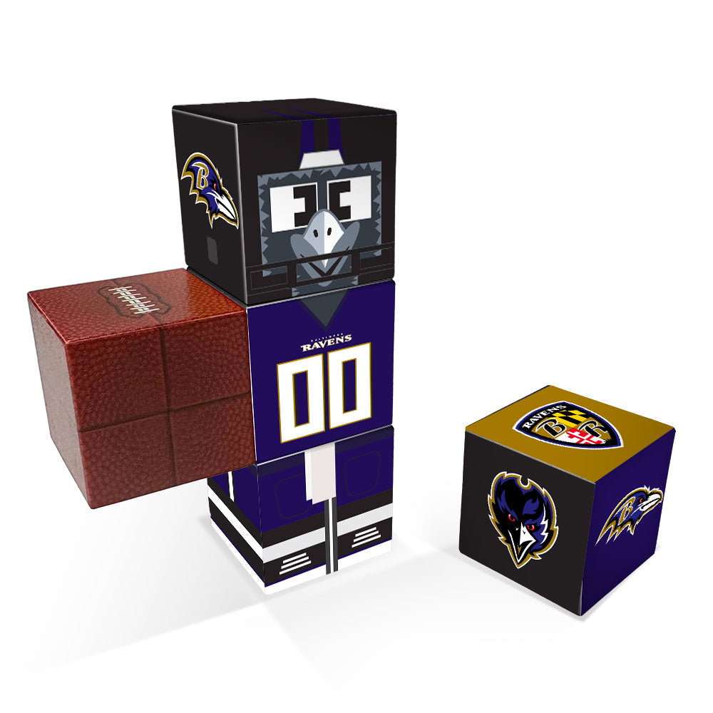 Set of Baltimore Ravens-themed dice cubes on a white background