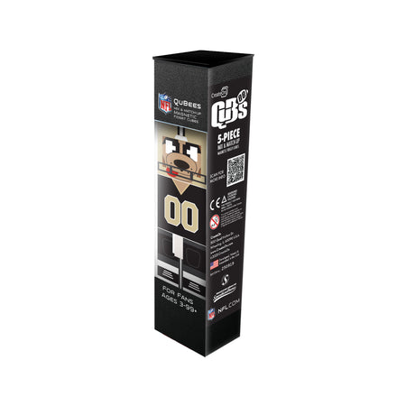 Black packaging box for NFL Qubees toy set on a white background