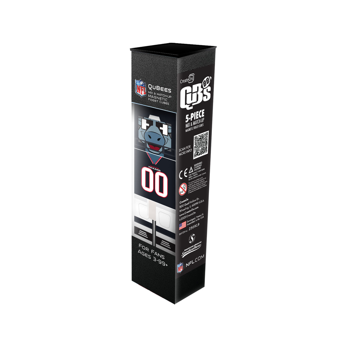 Black packaging box with NFL logo and character illustration on a white background