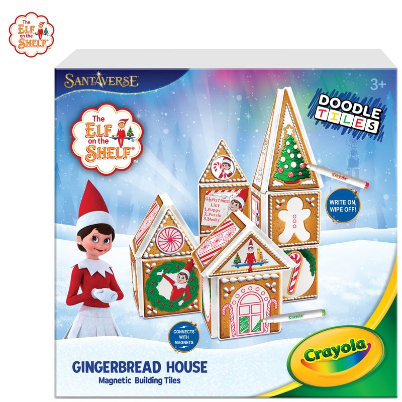 Createon Crayola Elf On The Shelf Doodle Gingerbread House | Magnetic Building Tiles Kit With Crayola Markers | Christmas Holiday Craft Toy | 33-Piece Magnetic Construction & Coloring Set For Kids Ages 3+