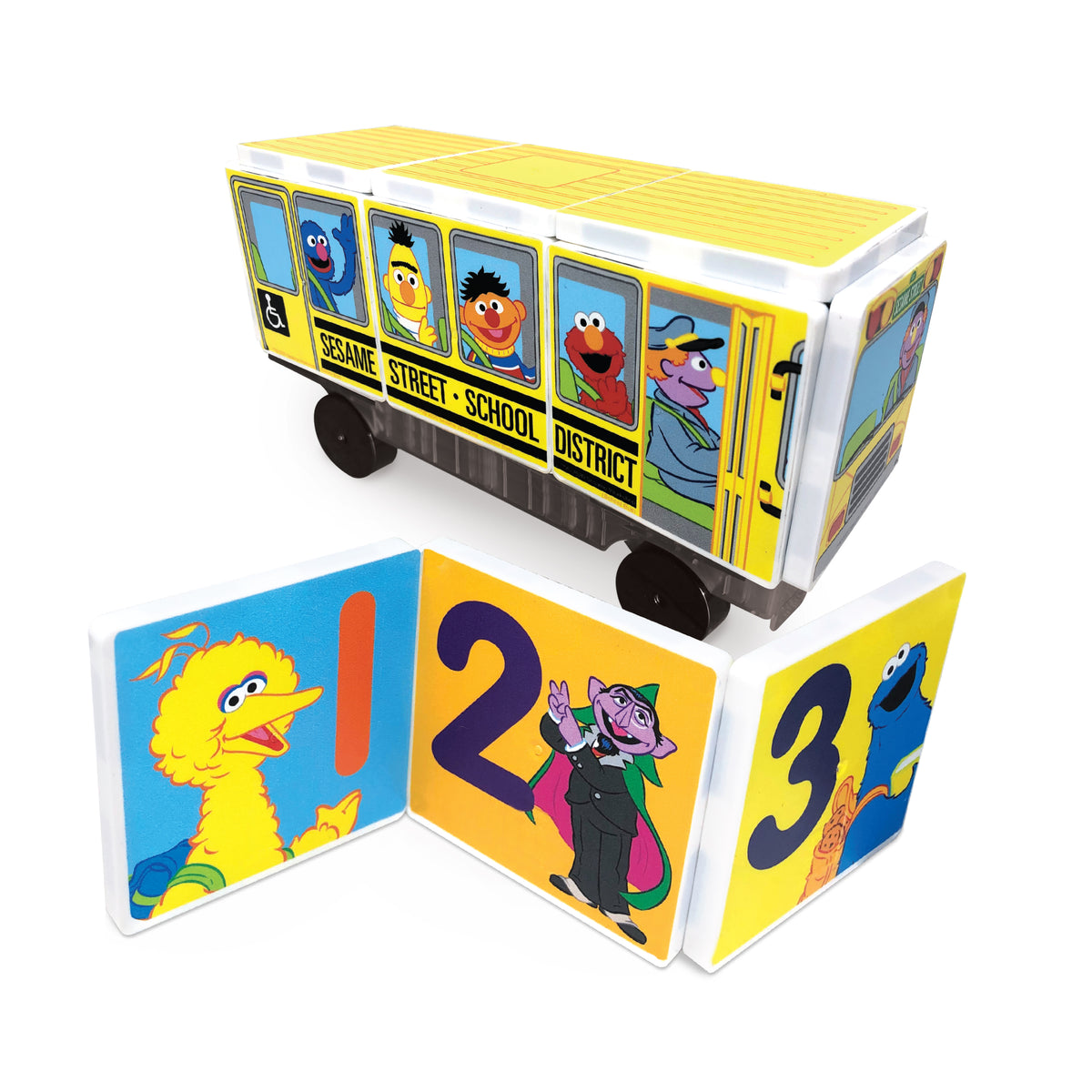 Sesame Street-themed school bus with character windows and number cards on a white background