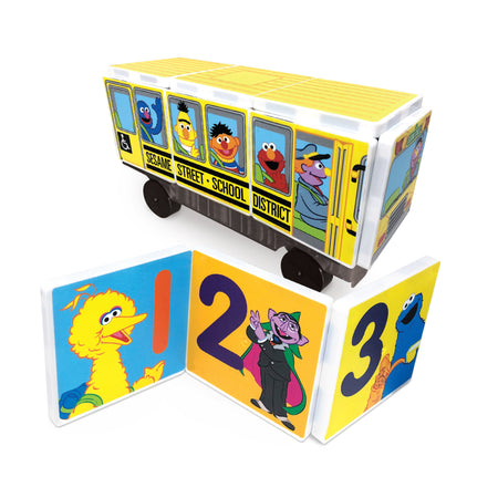 Sesame Street-themed school bus with character windows and number cards on a white background