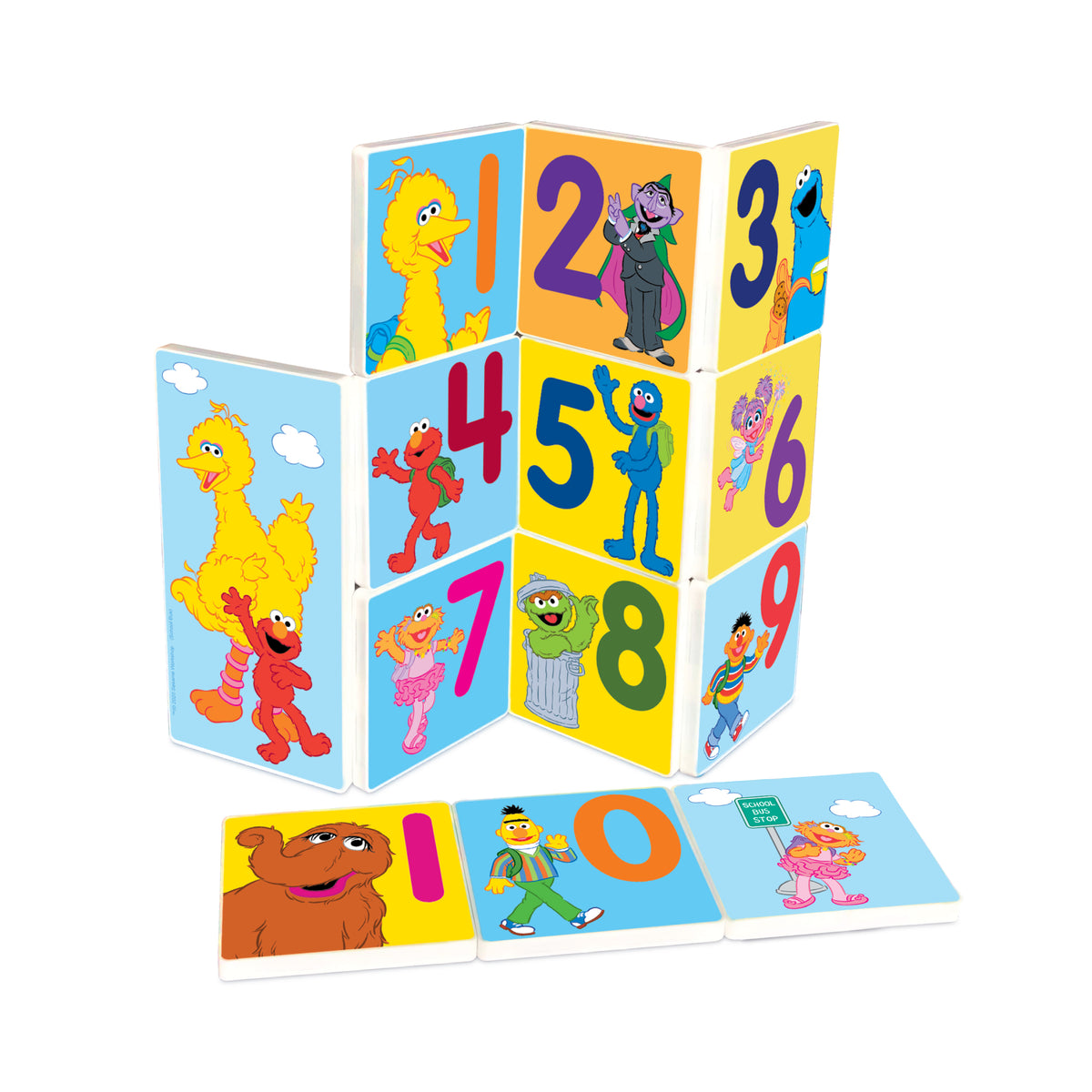 Colorful children's puzzle with Sesame Street characters and numbers on a white background