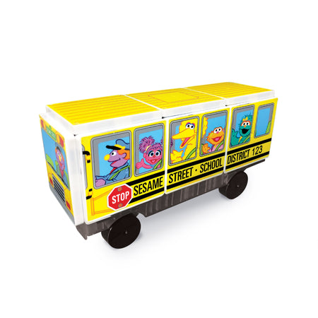 Toy school bus with Sesame Street characters on a white background