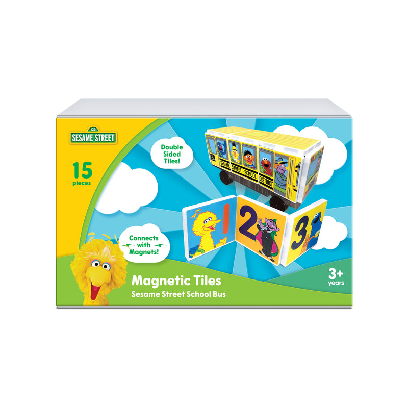 Sesame Street magnetic tiles packaging with a school bus design on a white background