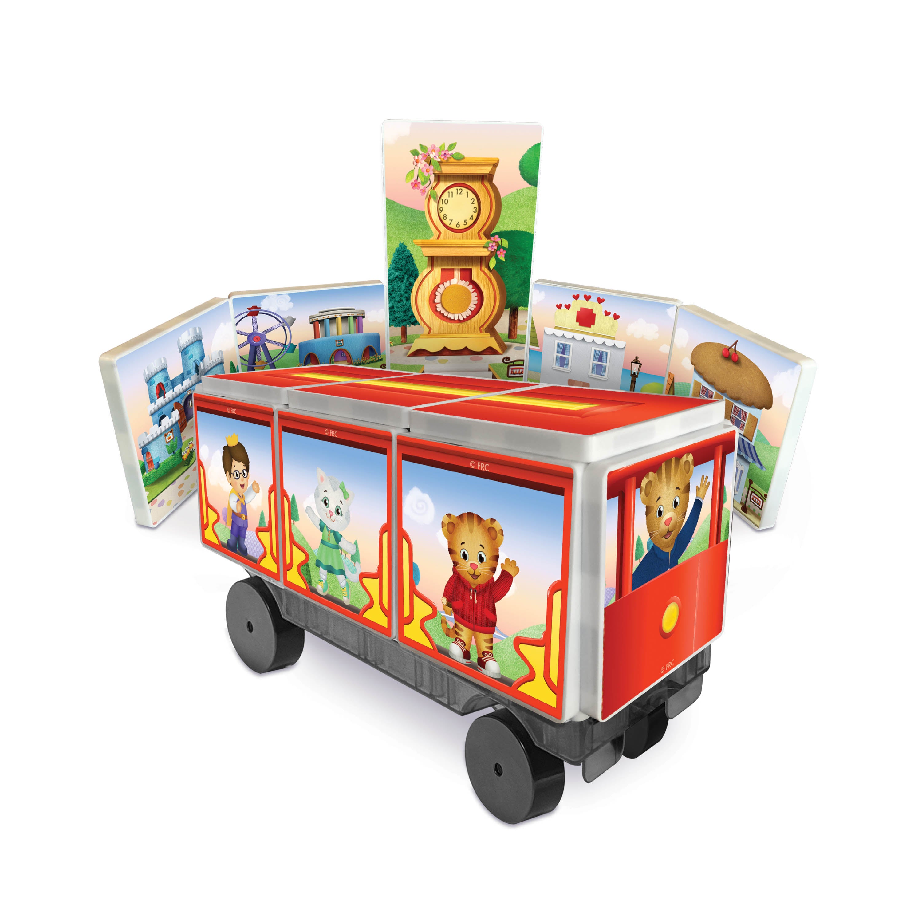 Toy train with animated characters on a white background