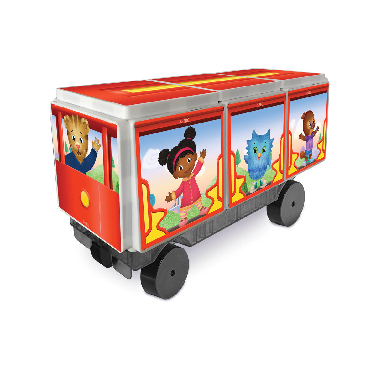 Toy train car with colorful windows featuring animated characters on a white background