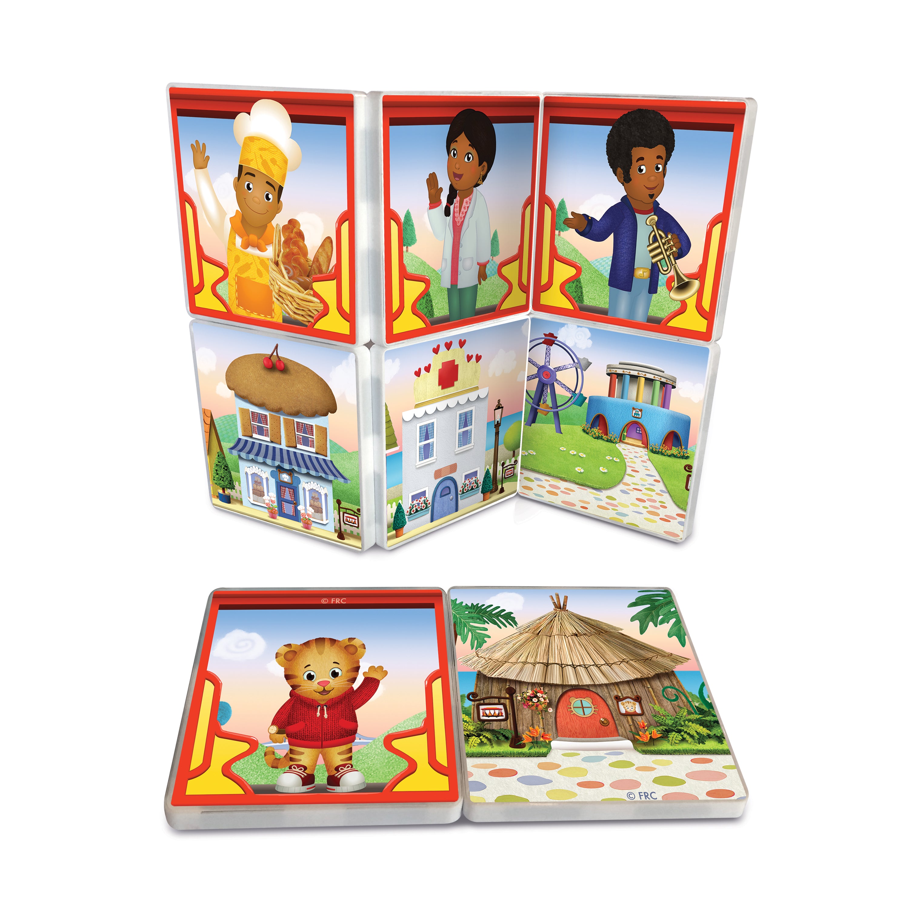 Children's educational toy with character illustrations on a white background