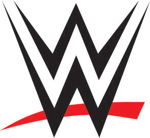 WWE logo. Two stacked, stylized white ‘W’ letters with sharp angled lines, crossed by a red slash underneath.