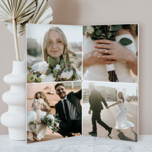 Four Large Photo Magna Tiles of Wedding on White Shelf 