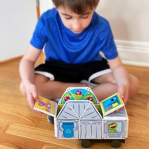 Boy Playing with Sesame Street Garbage Truck Magna Tiles