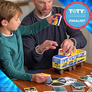 Son and Dad Playing with TOTY Finalist Beatles Bus Magnatile Set