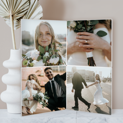 Four Large Photo Magna Tiles of Wedding on White Shelf 